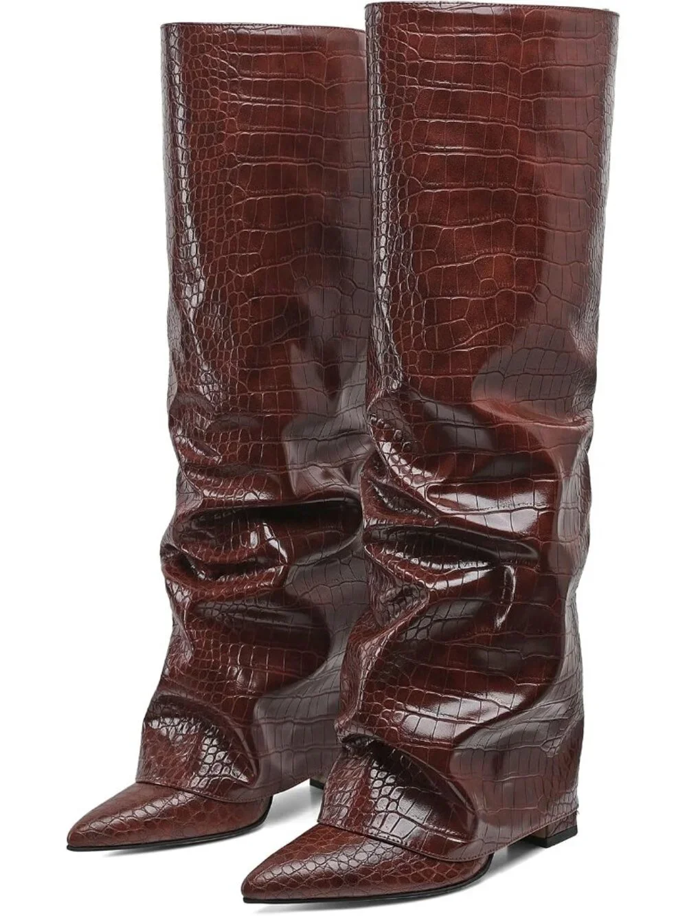 Women's Brown Comfortable Pointed Toe Fold Over Chunky Slouchy Knee High Boots